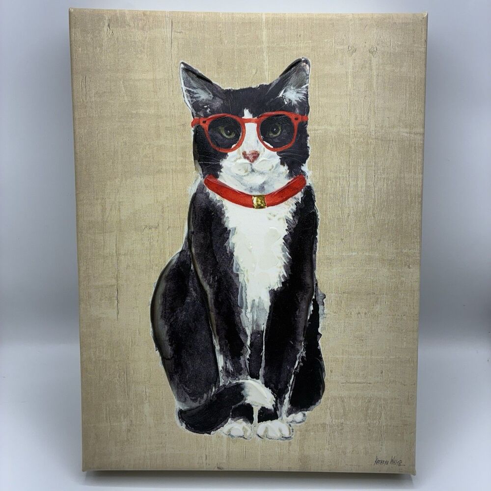 Kathryn White Cat Wearing Red Glasses Original Painting Canvas Embellish Giclee